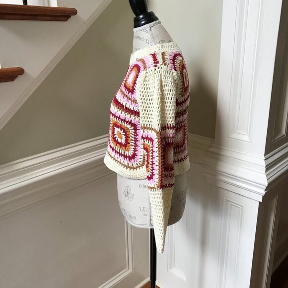 MinkPink Norah Crochet Sweater Womens XS Cream Pink Red Crew Neck Long Sleeve - Picture 8 of 11